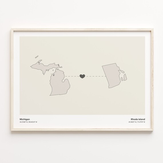 Michigan to Rhode Island Minimalist Long Distance Connection Map Poster