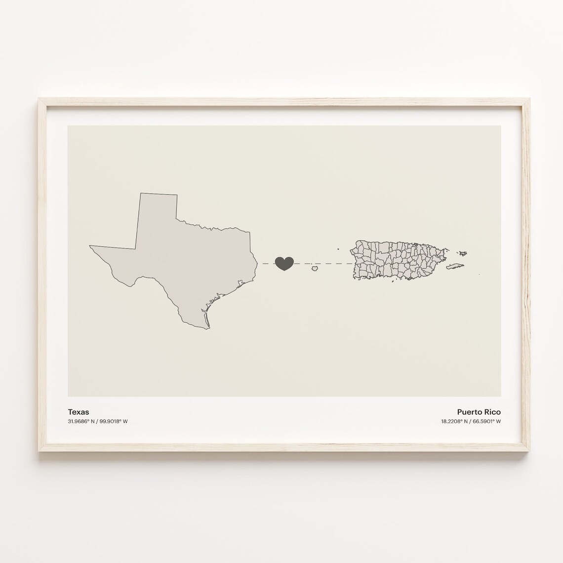 Texas To Puerto Rico Minimalist Connected Maps Love Gift Poster