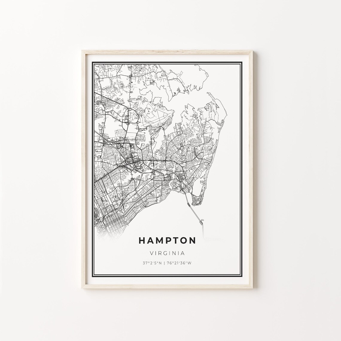 Hampton Virginia City Map Minimalist Line Art Travel Wall Poster