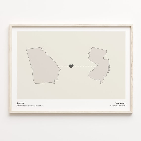 Georgia To New Jersey Print Jerseyan Gift Minimalistic State Connection Map Poster Travel Wall Art Long Distance C211590