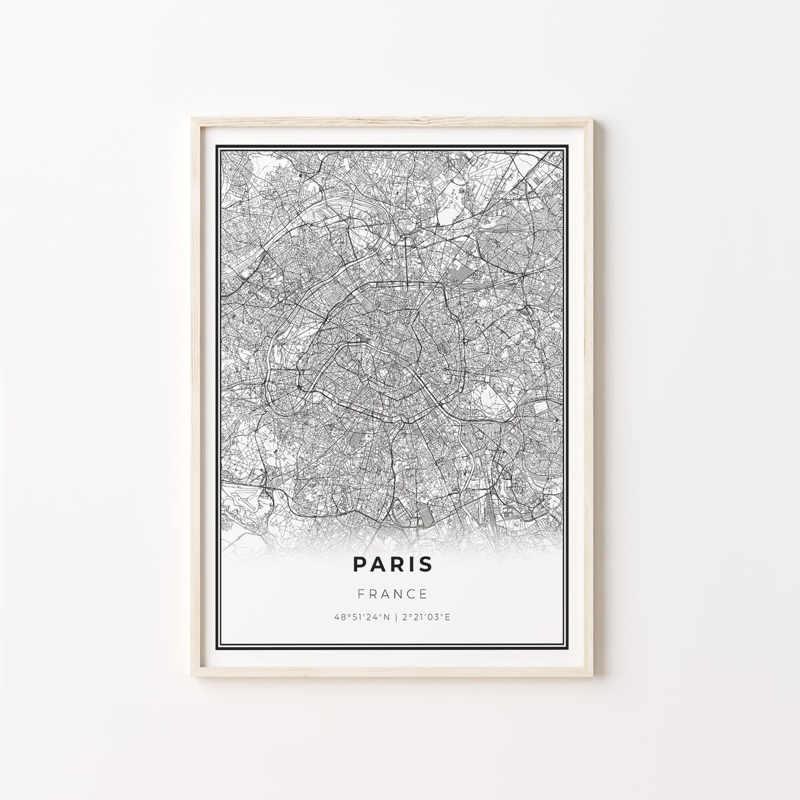 Paris Area Map Art Print, Modern Black and White