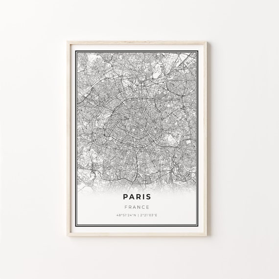 Paris Area Map Art Print, Modern Black and White