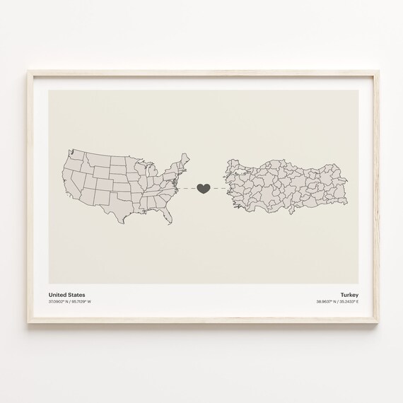 United States To Turkey Minimalist Heart Map Connection Gift Poster
