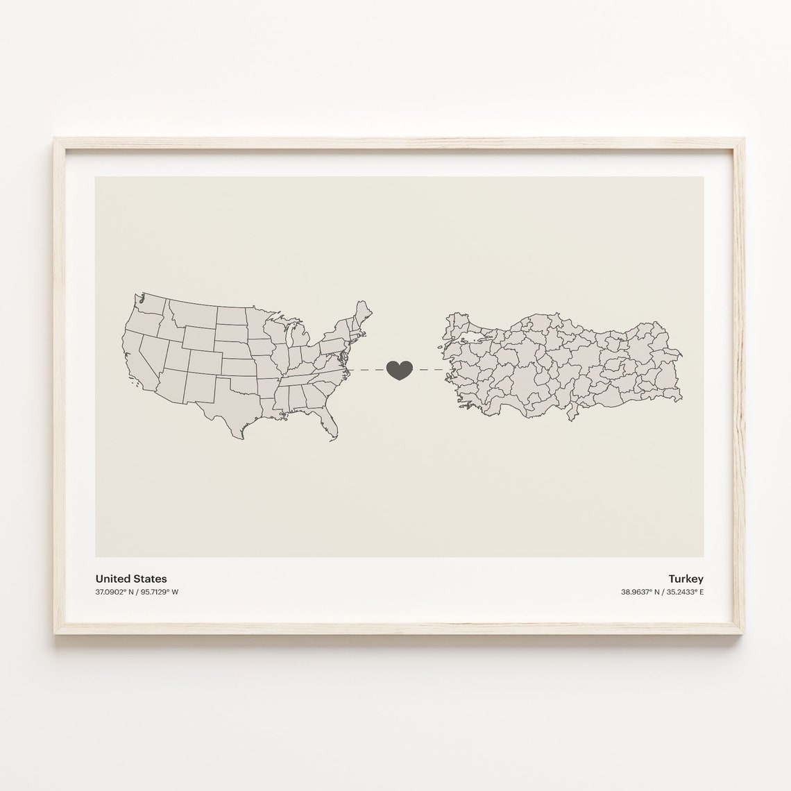 United States To Turkey Minimalist Heart Map Connection Gift Poster