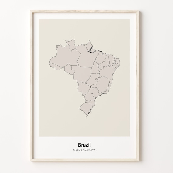 Brazil Beige Minimalist Line Art Country Map Coordinates Poster