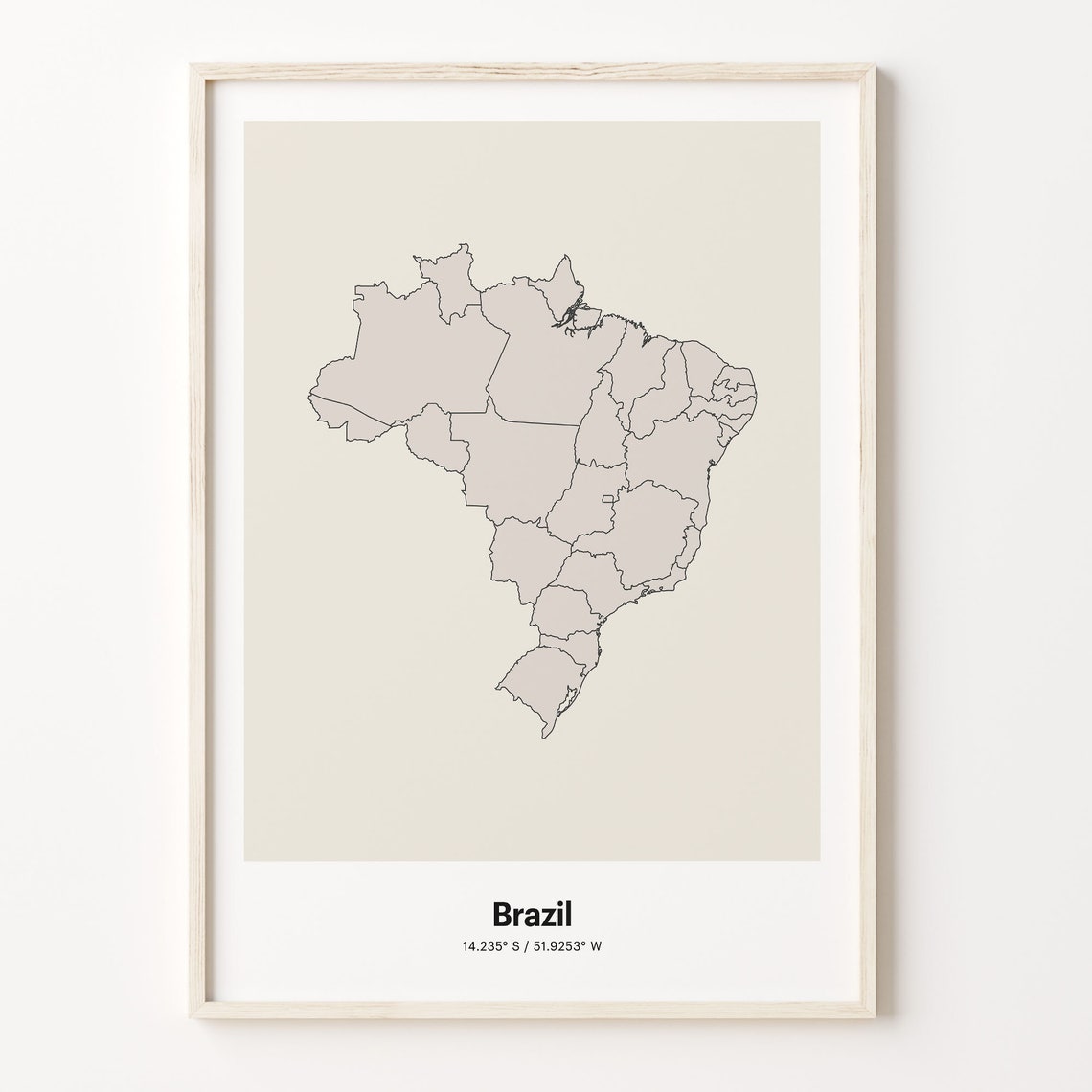 Brazil Beige Minimalist Line Art Country Map Coordinates Poster