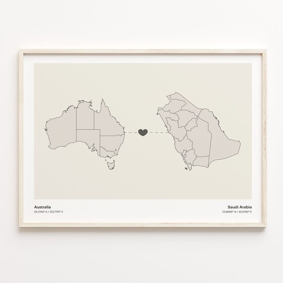 Australia To Saudi Arabia Heart Map Minimalist Country Connection Poster