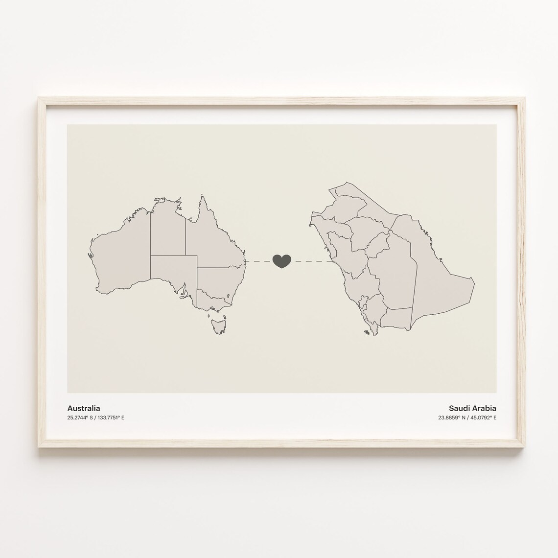 Australia To Saudi Arabia Heart Map Minimalist Country Connection Poster