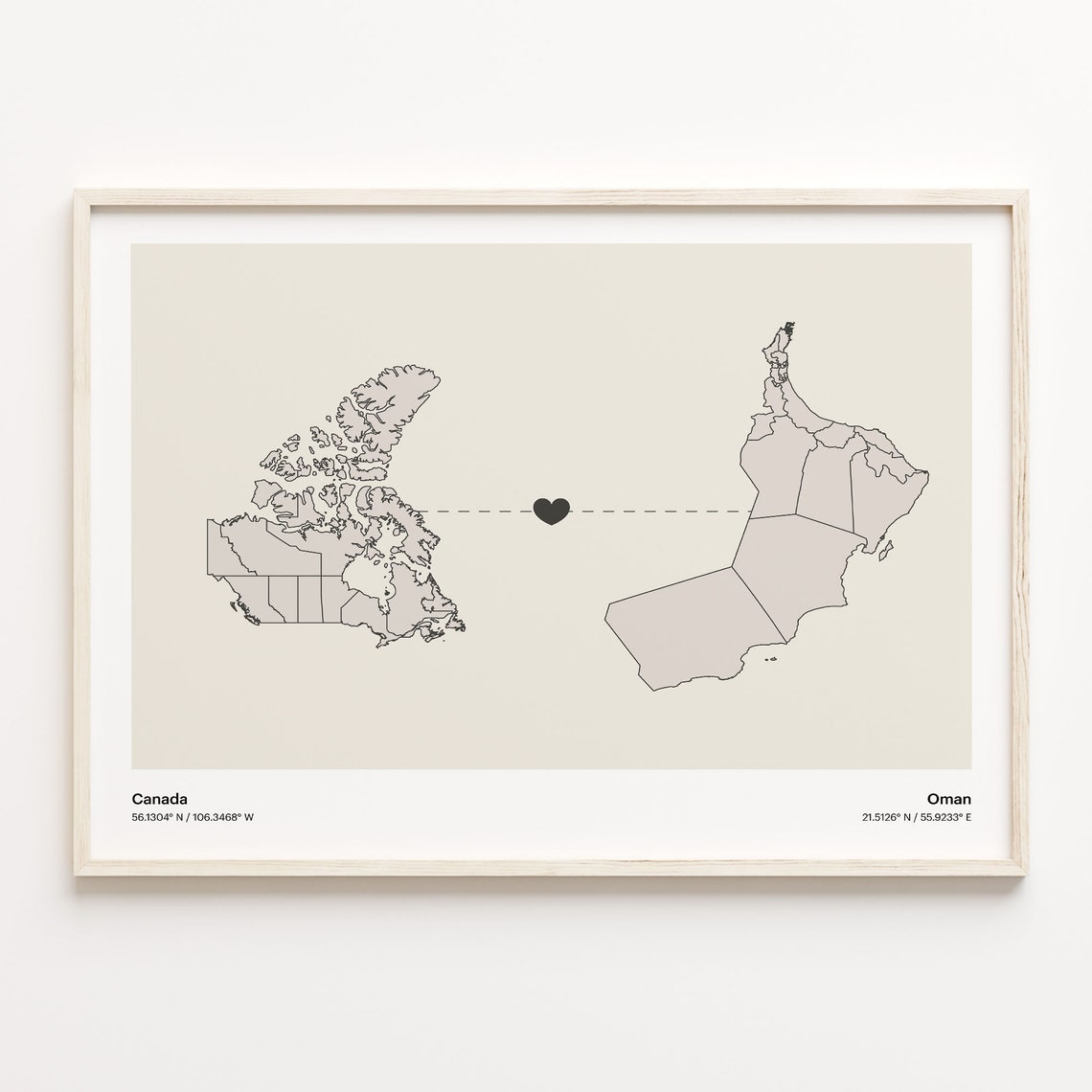 Canada Oman Heart Connection Minimalist Beige Country Maps Poster