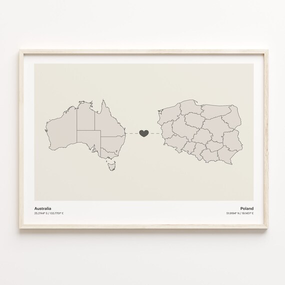 Australia to Poland Minimalist Heart Couple Connection Map Poster