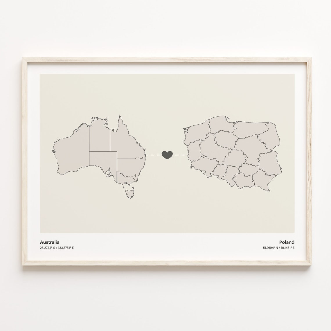 Australia to Poland Minimalist Heart Couple Connection Map Poster