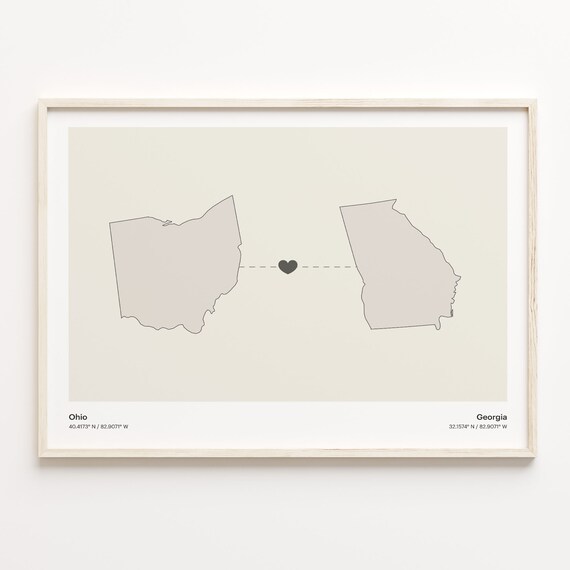 Ohio And Georgia Long Distance Love Minimalist Heart Map Poster