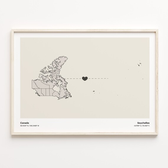 Canada and Seychelles Minimalist Long Distance Heart Map Connection Poster