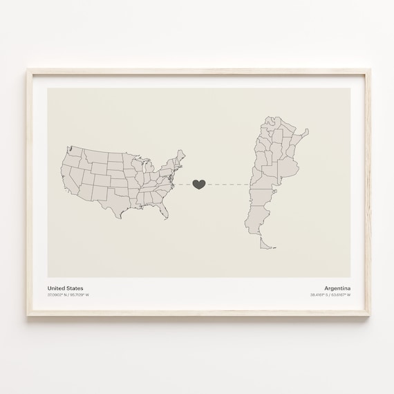 United States to Argentina Heart Connection Map Long Distance Gift Poster