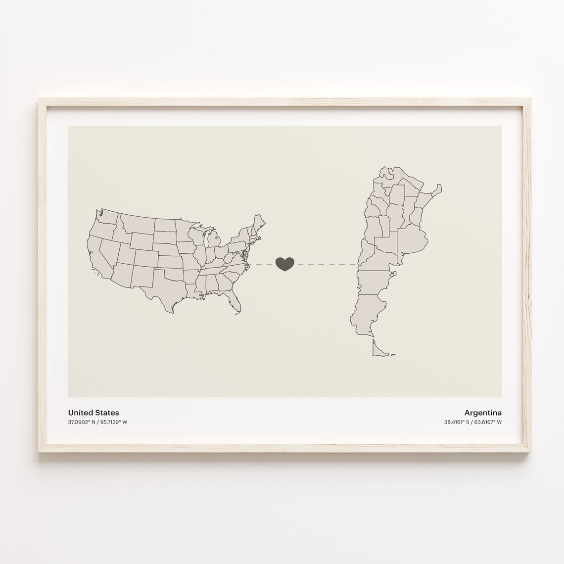 United States to Argentina Heart Connection Map Long Distance Gift Poster