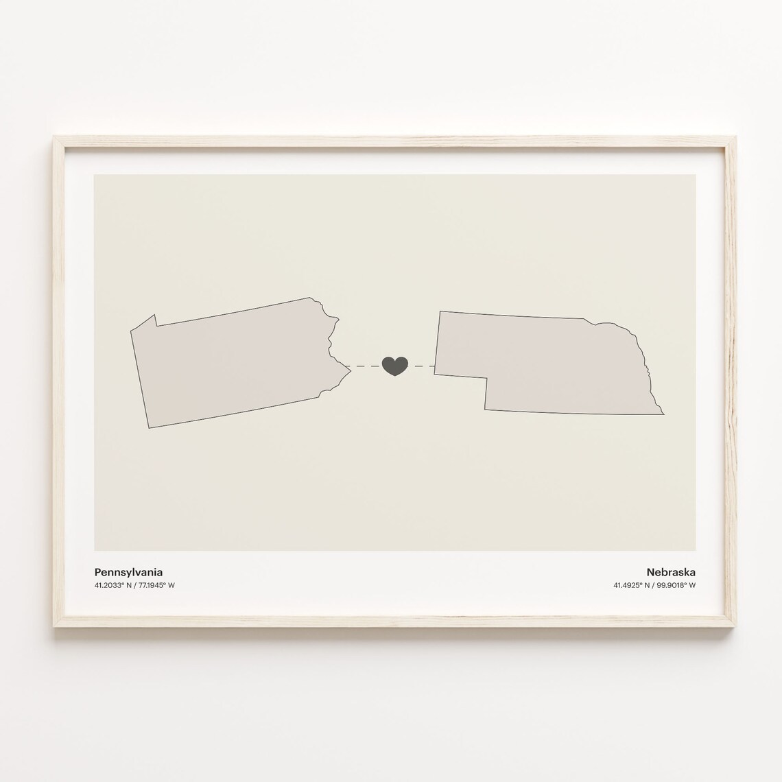 Pennsylvania to Nebraska Long Distance Heart Map Minimalist Connection Poster