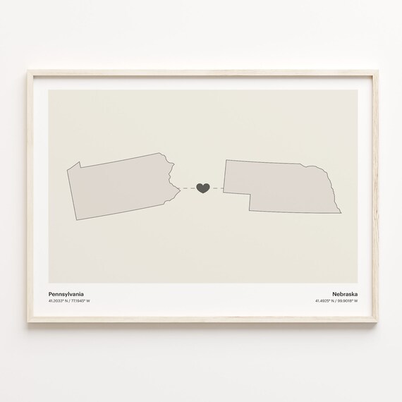Pennsylvania to Nebraska Long Distance Heart Map Minimalist Connection Poster