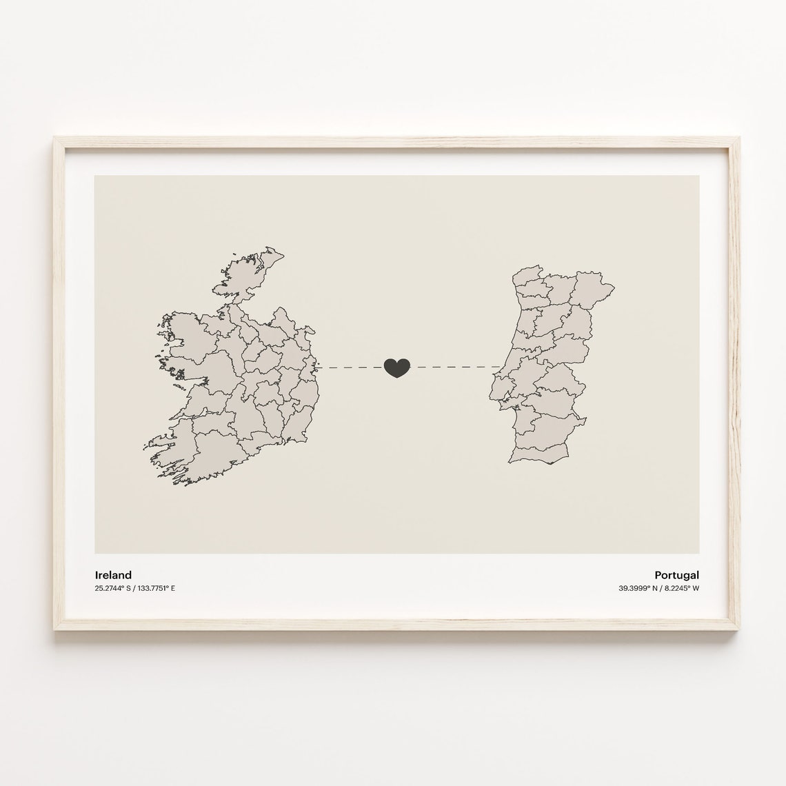 Ireland To Portugal Heart Connection Minimalist Beige Map Poster