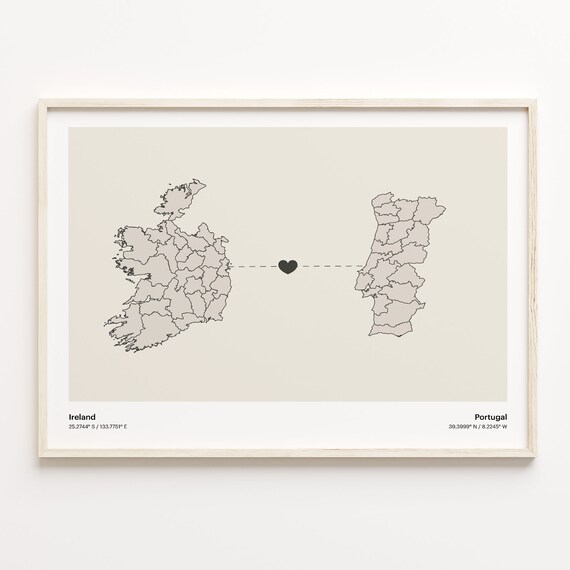 Ireland To Portugal Heart Connection Minimalist Beige Map Poster