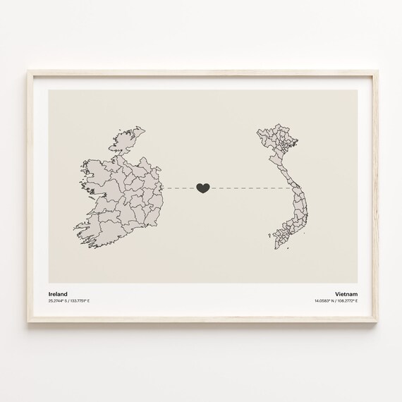 Ireland To Vietnam Heart Connection Minimalist State Map Poster