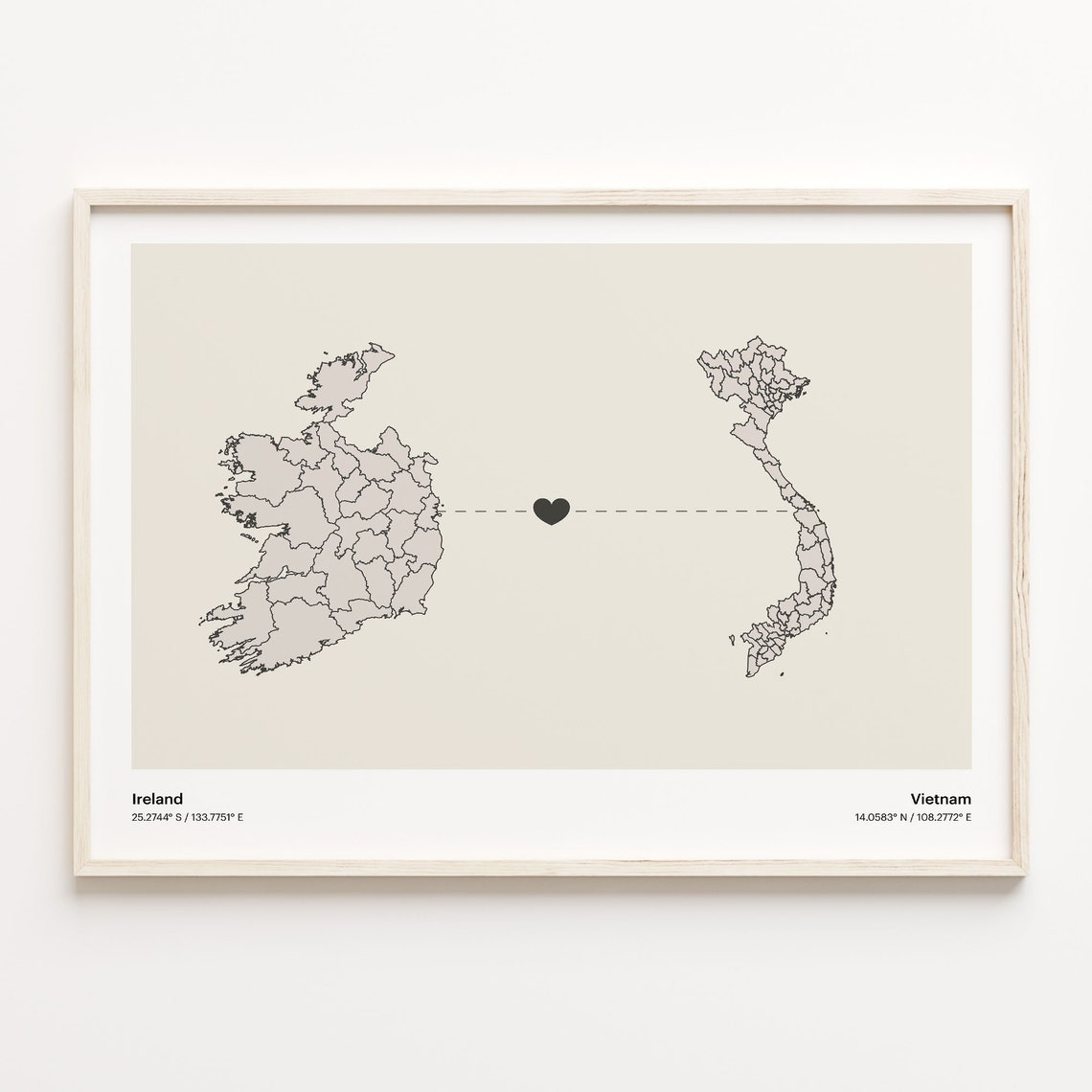 Ireland To Vietnam Heart Connection Minimalist State Map Poster