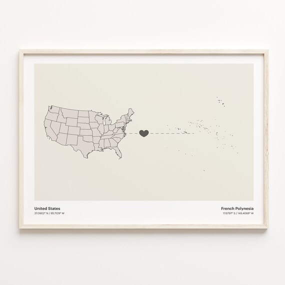 United States To French Polynesia Long Distance Heart Map Minimalist Poster