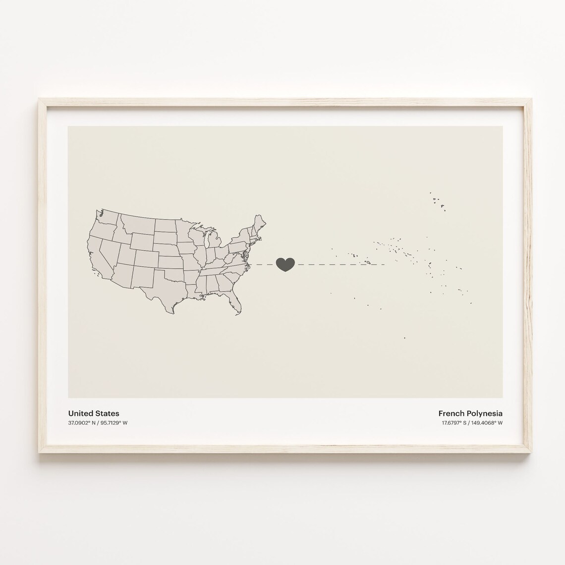 United States To French Polynesia Long Distance Heart Map Minimalist Poster