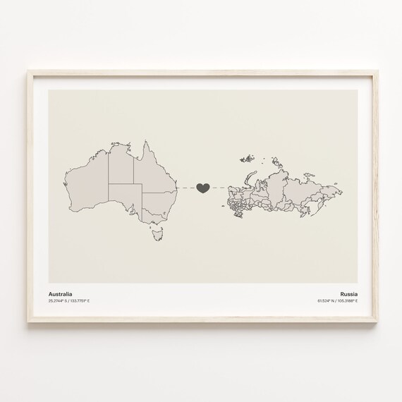 Australia and Russia Long Distance Love Country Connection Map Poster