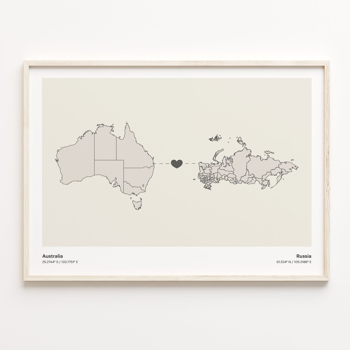 Australia and Russia Long Distance Love Country Connection Map Poster