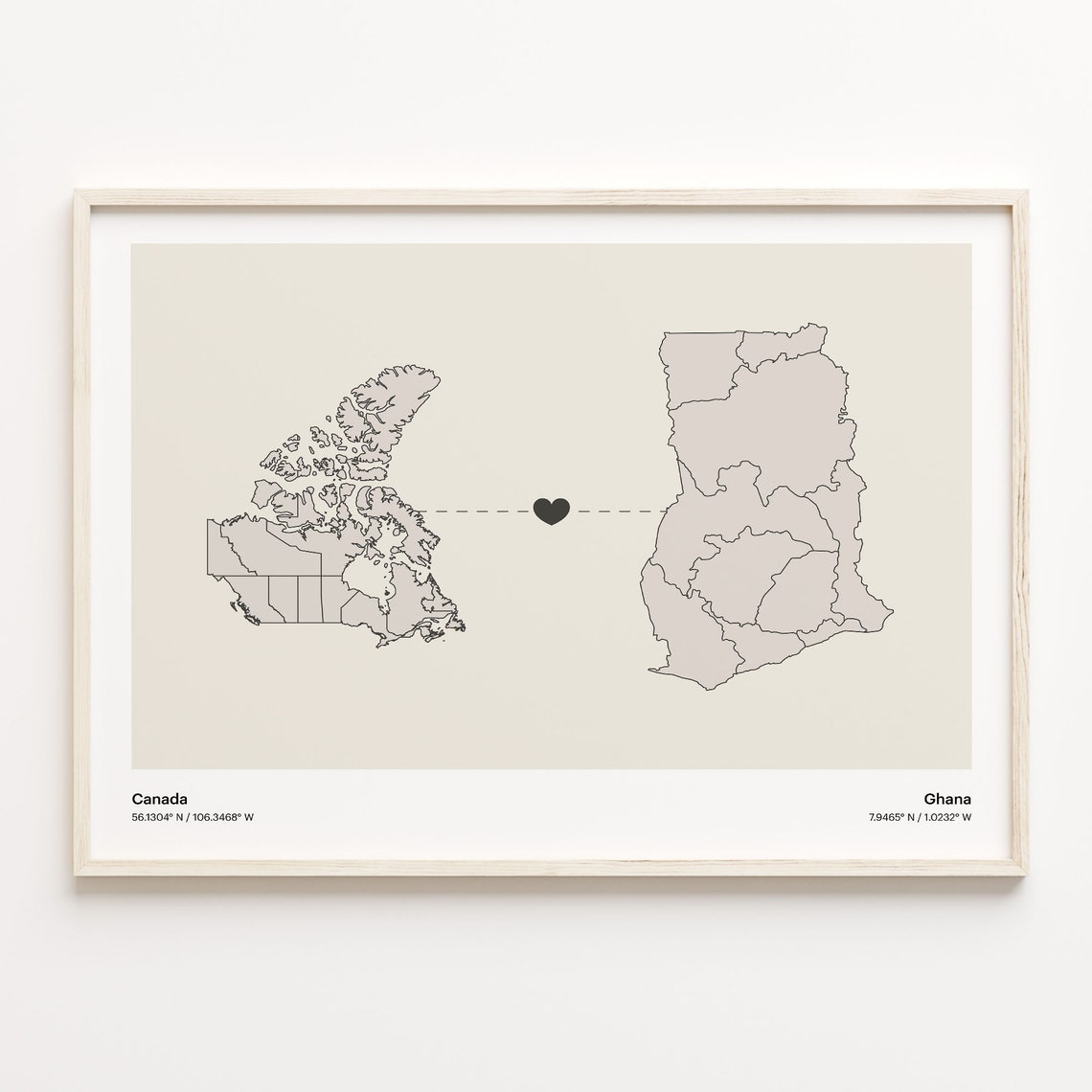 Canada Ghana Heart Connection Map Minimalist Long Distance Gift Poster