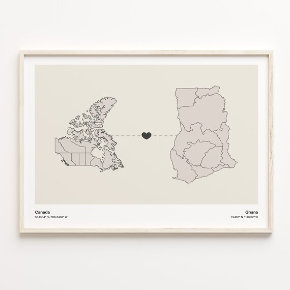 Canada Ghana Heart Connection Map Minimalist Long Distance Gift Poster