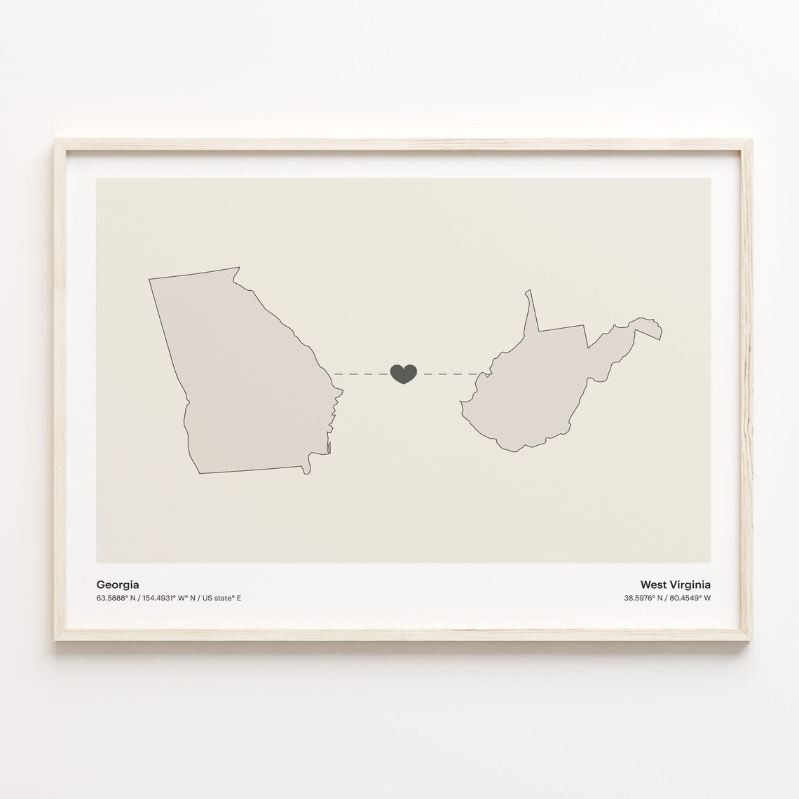 Georgia to West Virginia Long Distance Love Heart Connection Map Poster