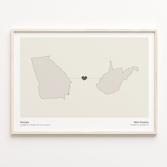 Georgia to West Virginia Long Distance Love Heart Connection Map Poster