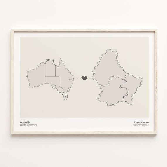 Australia Luxembourg Long Distance Heart Connection Map Poster