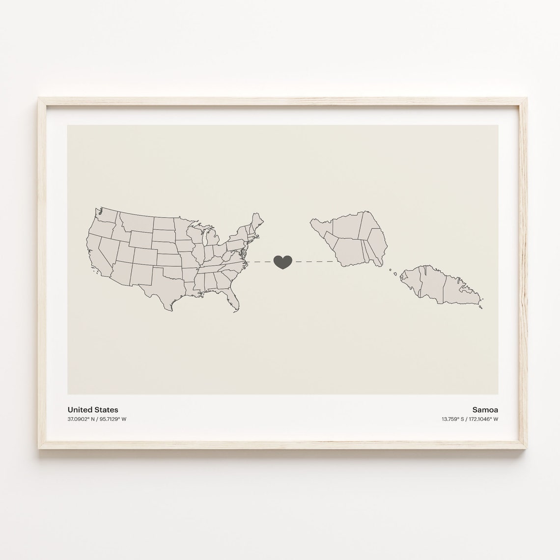 United States to Samoa Heart Connection Long Distance Map Poster