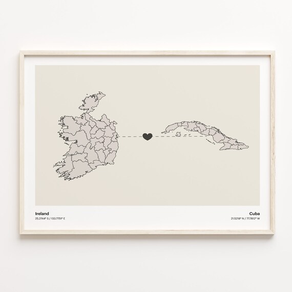 Ireland Cuba Minimalist Long Distance Love Heart Map Keepsake Poster
