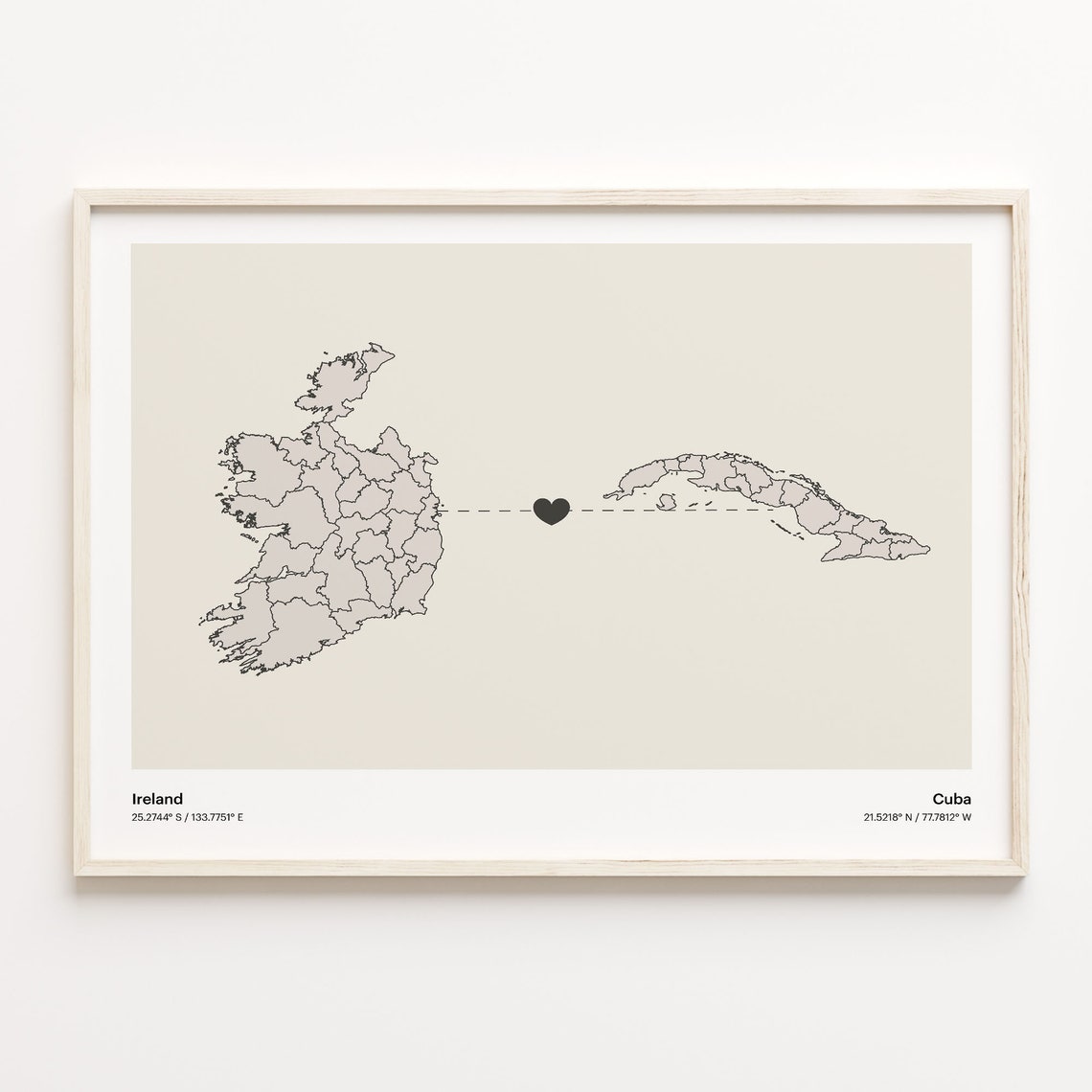 Ireland Cuba Minimalist Long Distance Love Heart Map Keepsake Poster