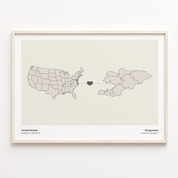 United States Kyrgyzstan Long Distance Heart Connection Map Poster