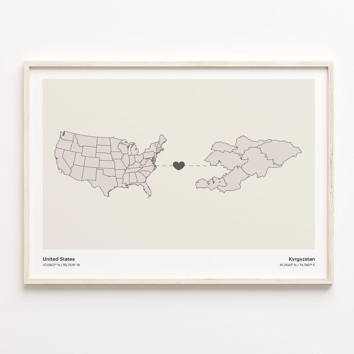 United States Kyrgyzstan Long Distance Heart Connection Map Poster