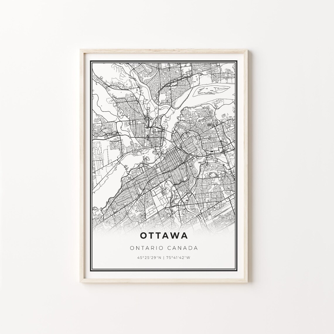 Ottawa Ontario Canada Modern Minimalist Black and White City Map Poster