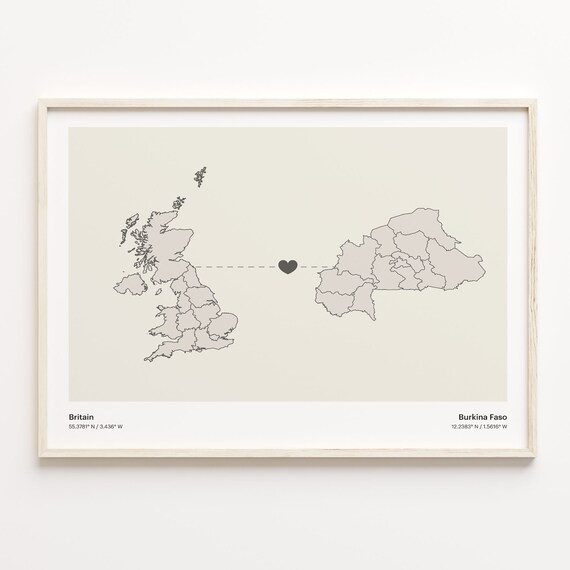 Britain to Burkina Faso Minimalist Heart Map Connection Poster