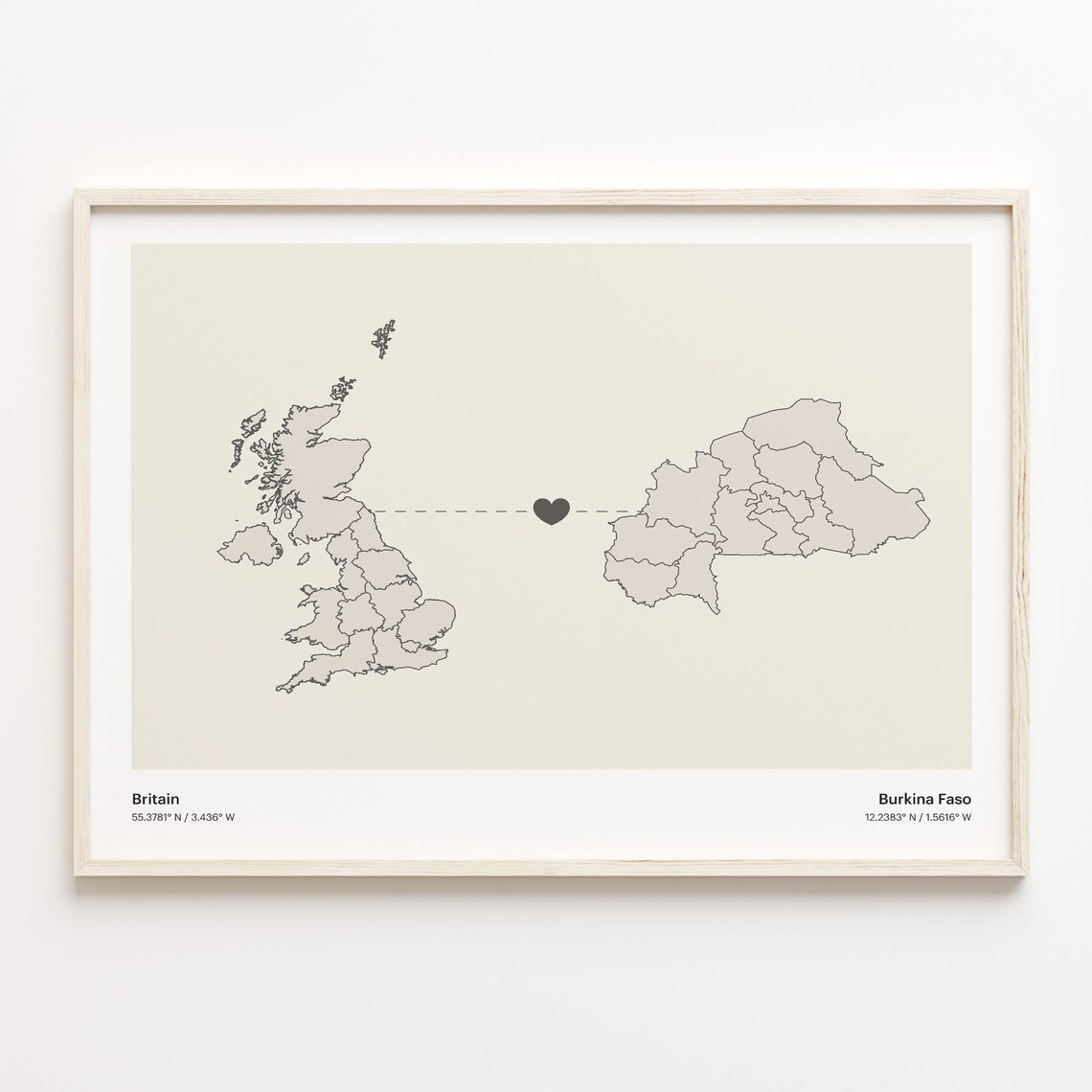 Britain to Burkina Faso Minimalist Heart Map Connection Poster