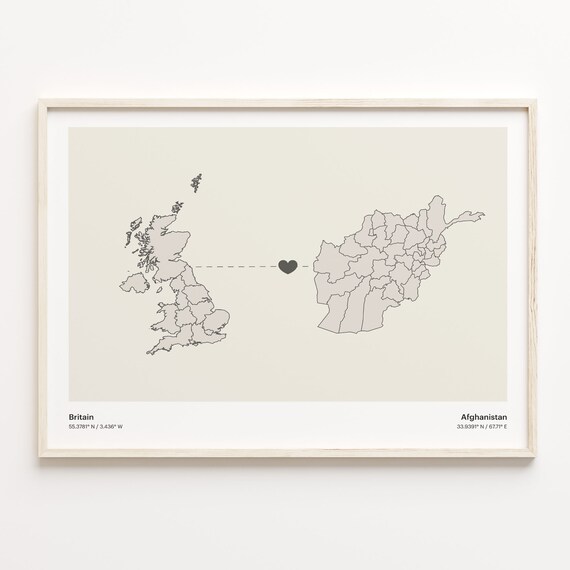 Britain to Afghanistan Heart Connection Minimalist Country Map Poster