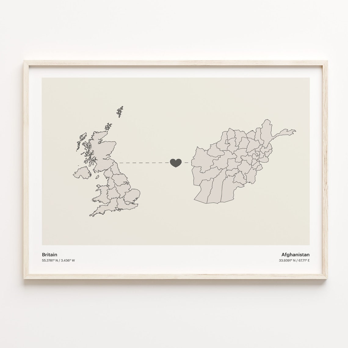 Britain to Afghanistan Heart Connection Minimalist Country Map Poster