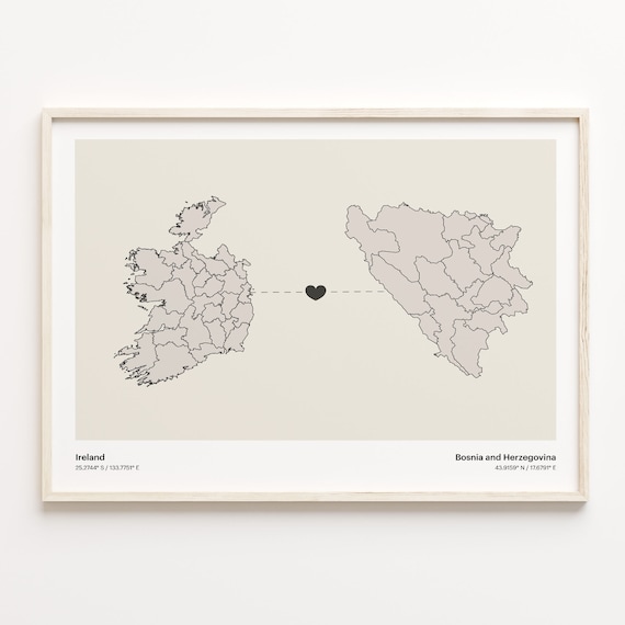 Ireland Bosnia and Herzegovina Minimalist Long Distance Love Heart Map Poster