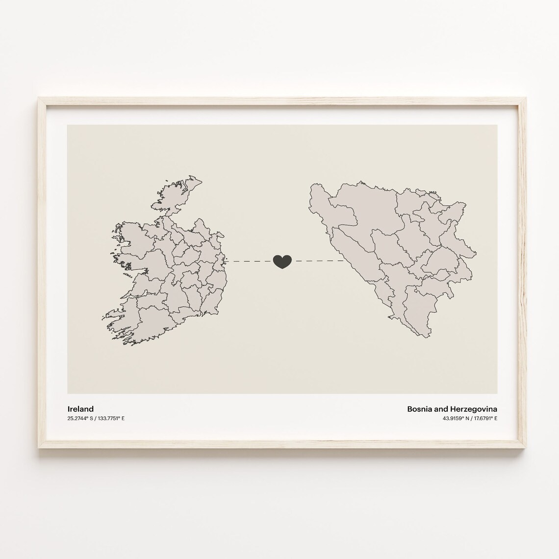 Ireland Bosnia and Herzegovina Minimalist Long Distance Love Heart Map Poster