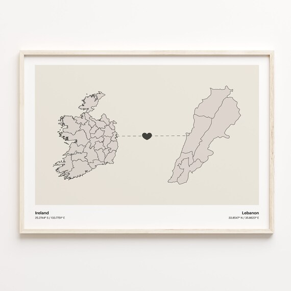 Ireland to Lebanon Long Distance Heart Map Minimalist Connection Poster