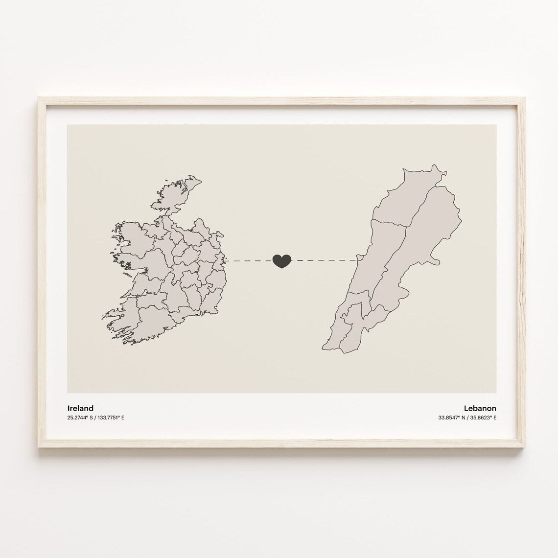 Ireland to Lebanon Long Distance Heart Map Minimalist Connection Poster