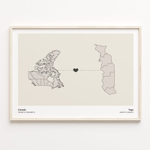 Canada to Togo Minimalist Heart Couple Connection Map Poster