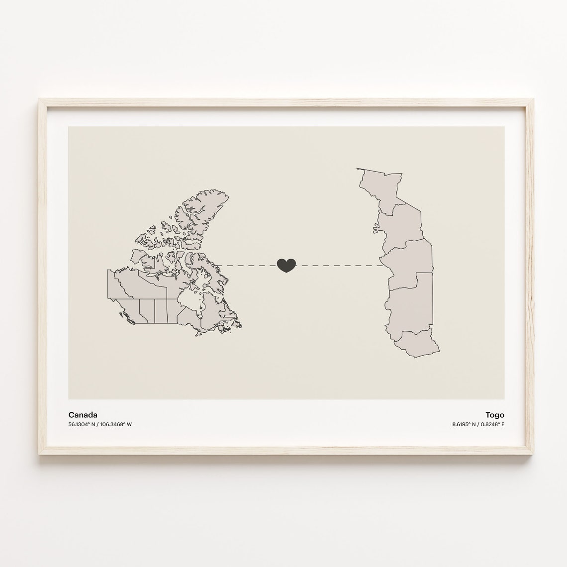 Canada to Togo Minimalist Heart Couple Connection Map Poster